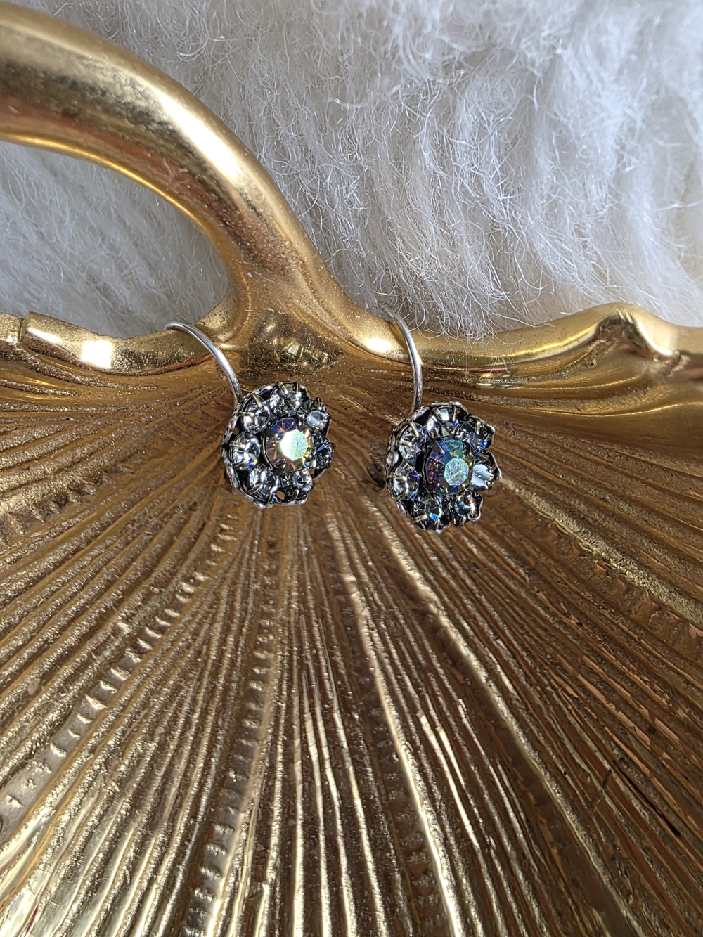Vintage Iridescent Crystal Cluster Drop Earrings - Silver-Tone